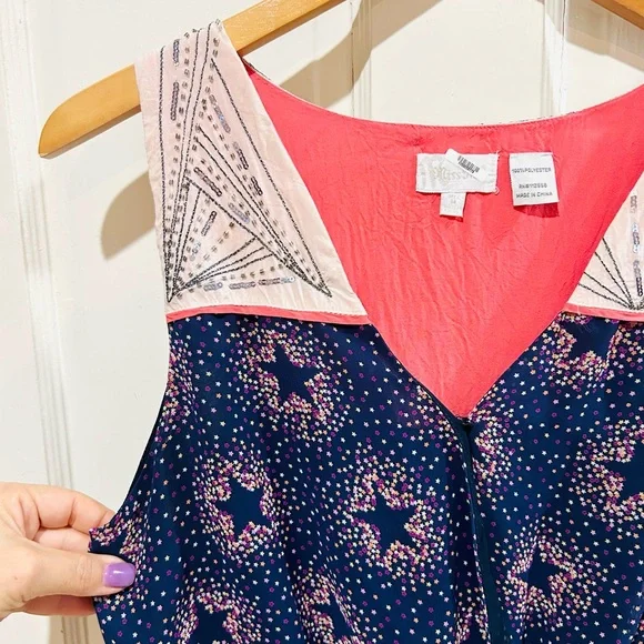 Miss Me Navy Blue & Pink Stars Beaded Peplum Top Feminine Coquette Girl Size M - Picture 2 of 5